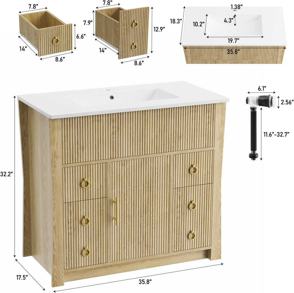 36" Freestanding Fluted Bathroom Vanity with Sink & Drain - Cabinet with 4 Drawers & Door