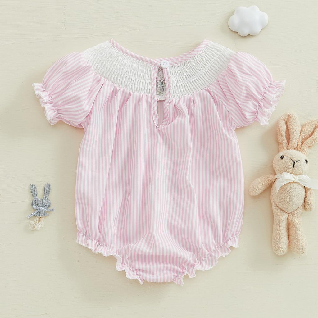 Easter Baby Girl Outfit Bunny Embroidery Bubble Romper Puff Short Sleeve Smocked Bodysuit Newborn Easter Clothes