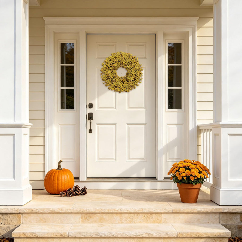 20" Yellow Fall Wreath for Front Door, Artificial Mums Autumn Wreath