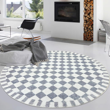 Round Modern Checkered Rug - 5.2Ft Circle Buffalo Plaid Check Bedroom Carpet Nonslip Farmhouse Floor Mat Washable