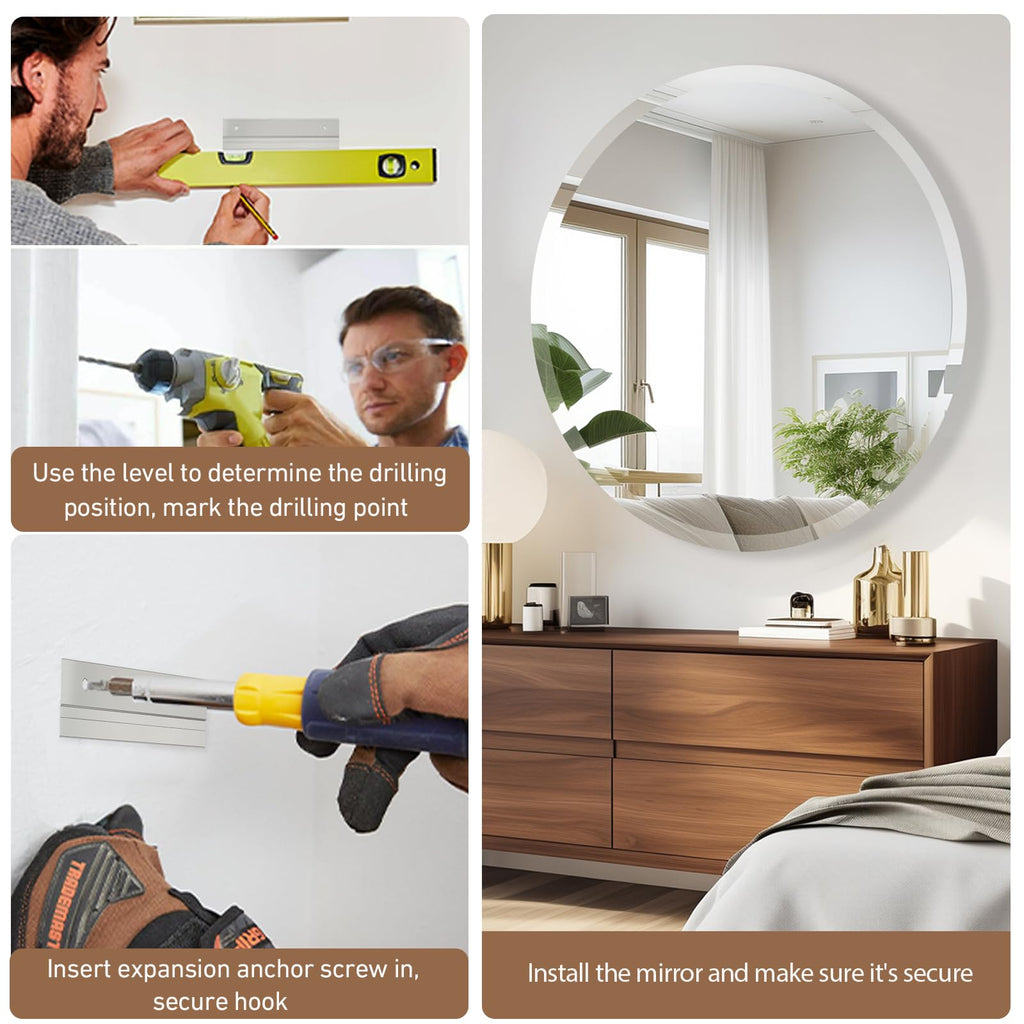28 Inch Round Frameless Bathroom Mirror, Beveled Round Mirror