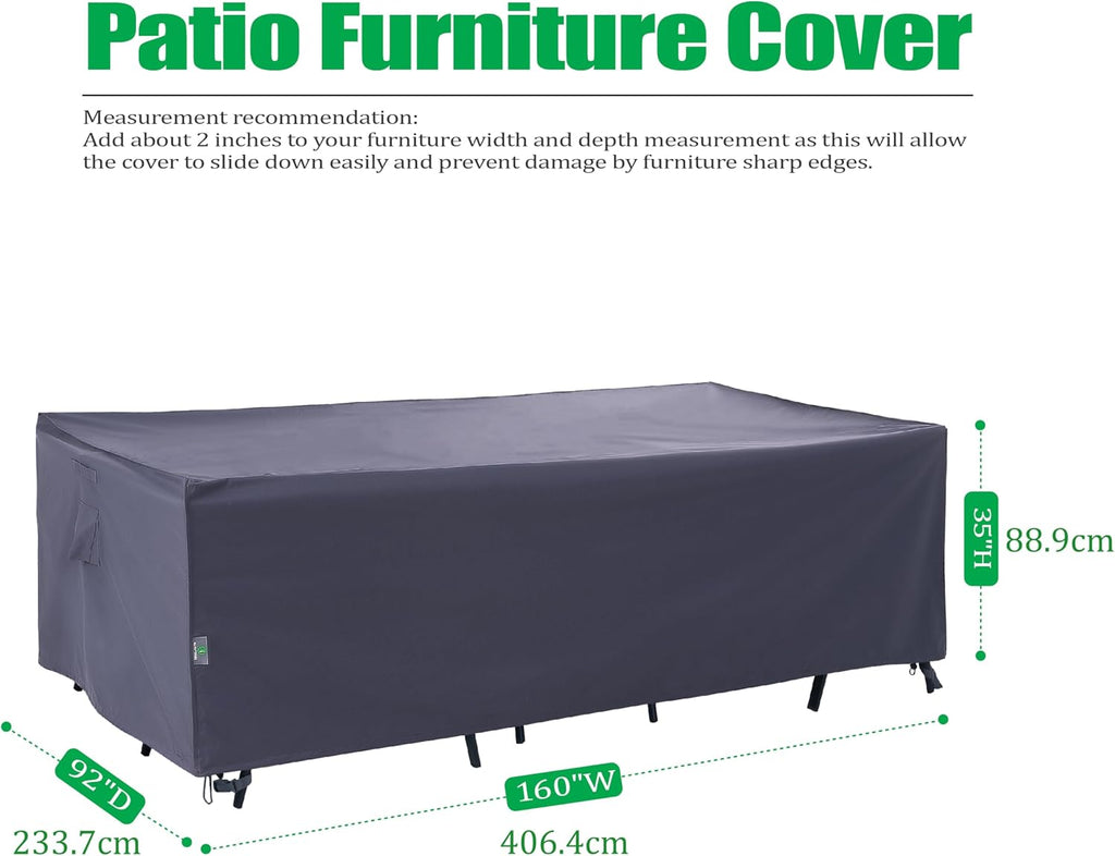 Extra Large Patio Furniture Covers, Grey, 160"W x 92"D x 35"H | Heavy Duty Rip-stop Fabric With PU Coating.