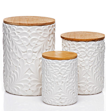 Engraved Ceramic Canisters Set of 3, 74, 36 & 18 Oz, Airtight Bamboo Lids