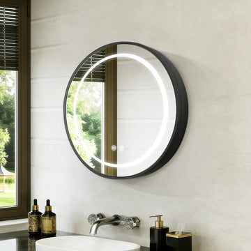 Round LED Medicine Cabinet with Mirror, Aluminum Frame, 3 Color Temperatures & Dimmable, USB Shaver Socket, Defogger