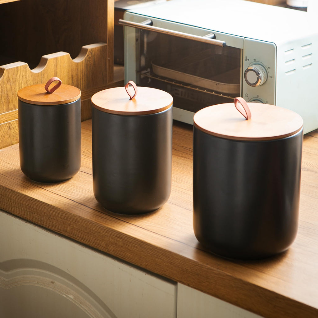 Black Ceramic Canister & Jar Set, Airtight Bamboo Lids 3-Piece