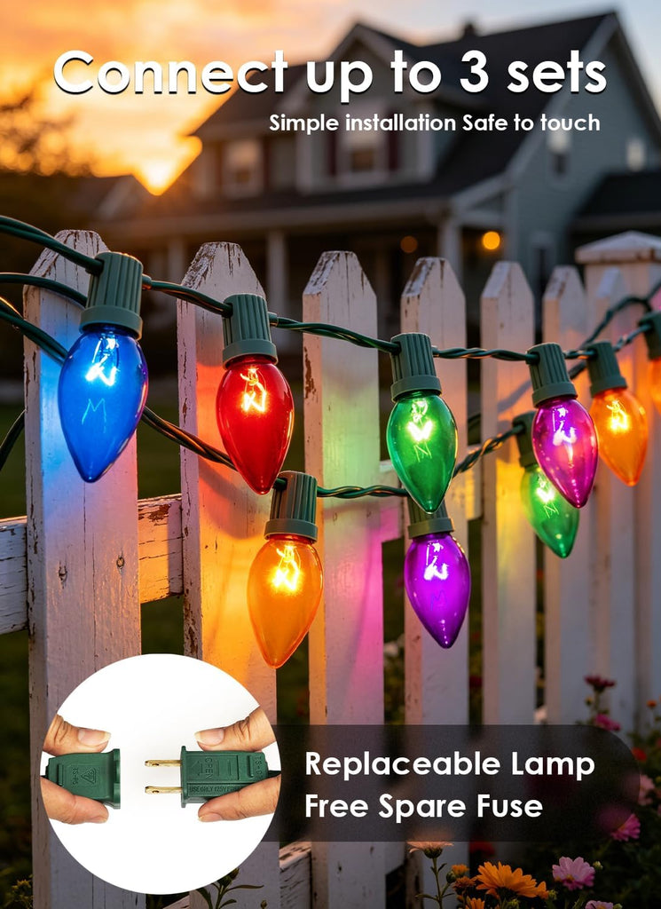 26FT Upgraded Version C9 Christmas String Lights, Waterproof Clear Multicolor String Lights for Indoor and Outdoor