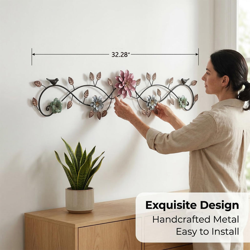 Metal Flower Wall Art above Door: 3D Floral Wall Décor above Window with Bird Leaves - 32.28" French Country