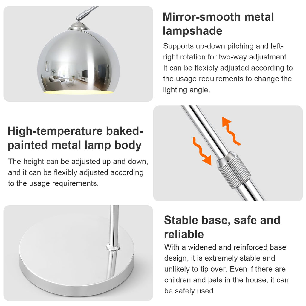 Glossy Chrome Silver Arc Floor Lamp with 12W LED Remote Dimming
