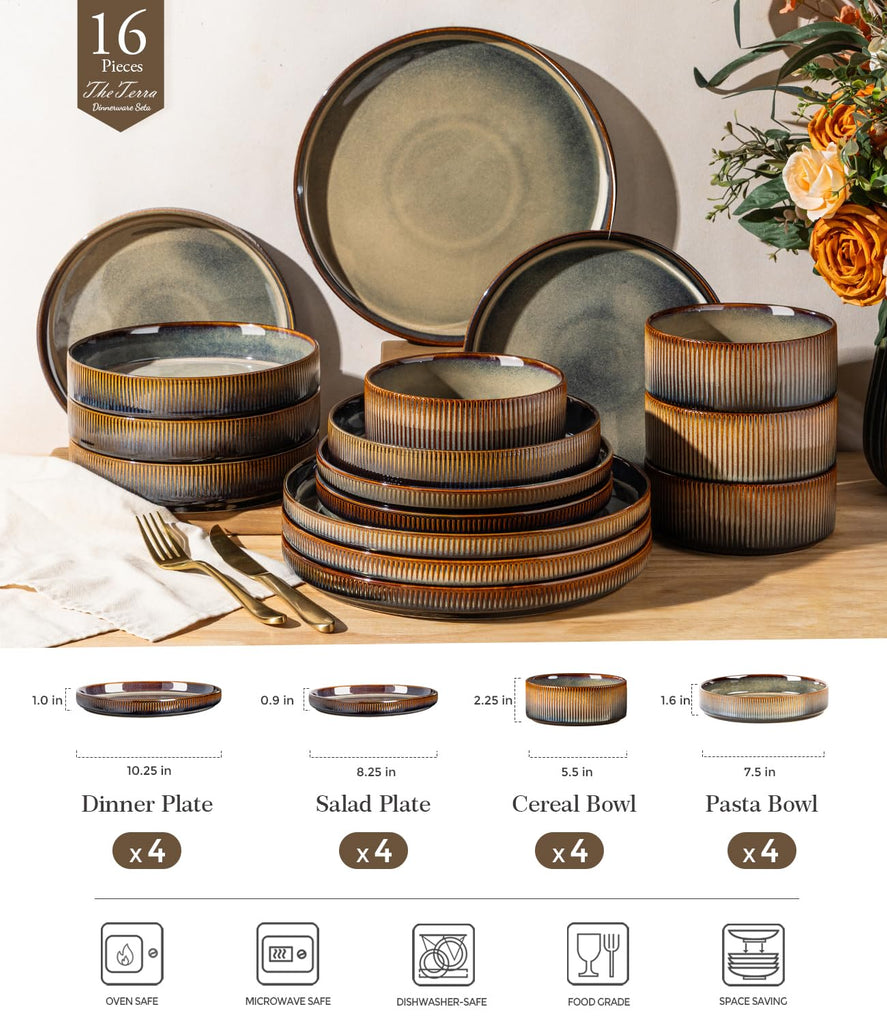 Ceramic Dinnerware Set for 4, 16-Piece Plates and Bowls Set