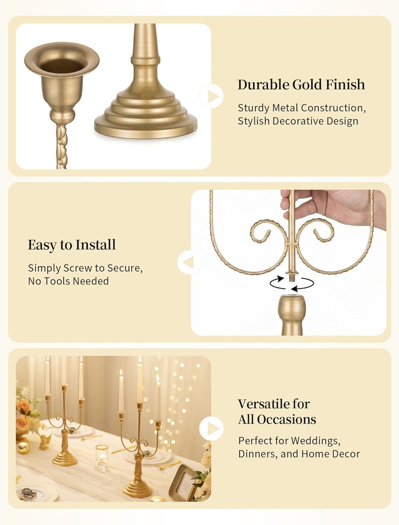 Candelabra Gold Candlestick Holders - 15.7" Tall 3 Arm Metal Taper Candle Holdereplace Mantel Christmas Decor, Set of 6