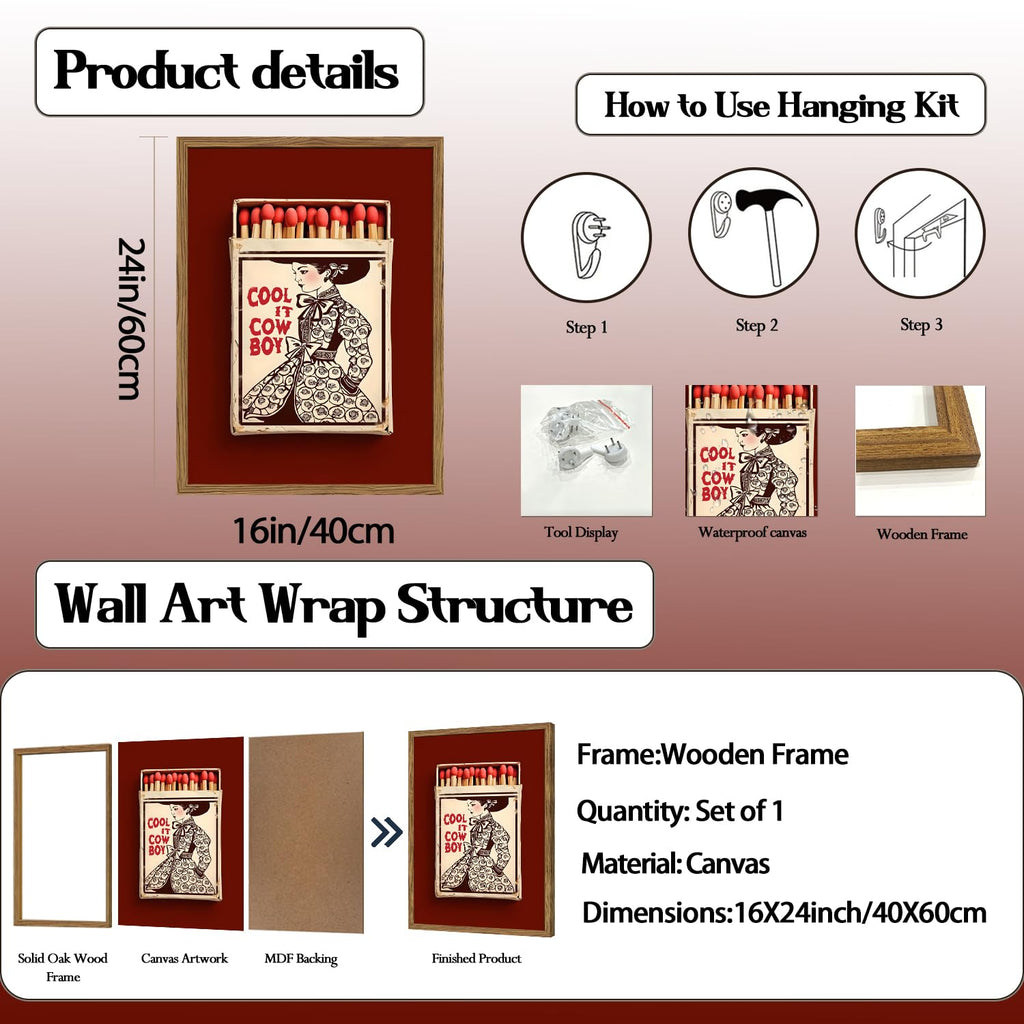 Vintage Western Cowgirl Wall Art Trendy Southwest Cool it Cowboy Matchbox Wall Decor Picture Coastal Cowgirl Poster