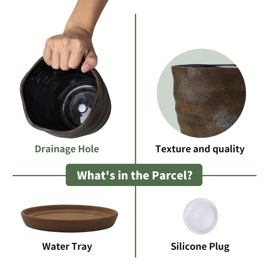 6 Inch Ceramic Planter Set of 2 with Drainage Hole and Saucer for Plants, Indoor-Outdoor Large Irregular Succulent