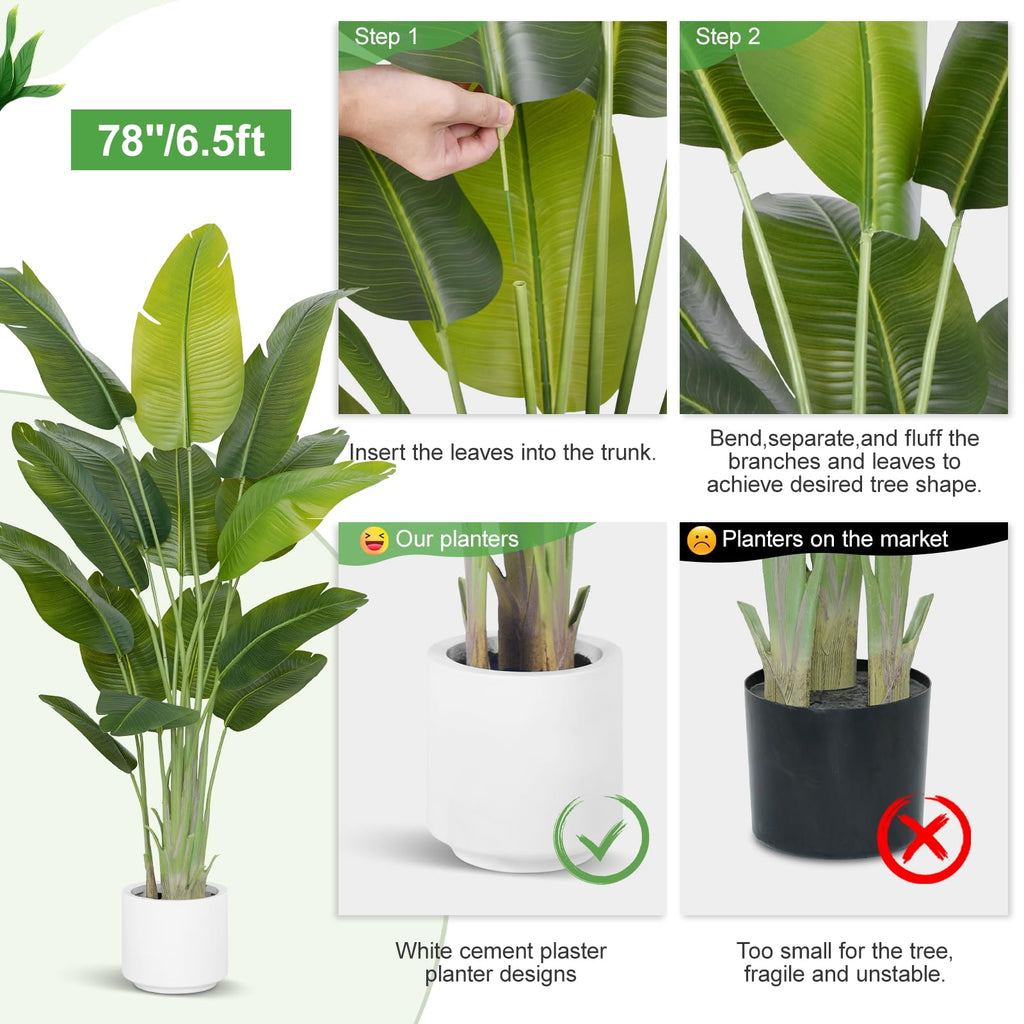 Artificial Bird of Paradise Plant 6.5Ft Tall Fake Tropical Palm Tree Large Fake Plants with 15 Silk Banana Leaves