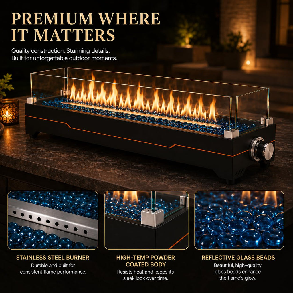 36 Inch Tabletop Fire Pit with Glass Wind Guards & Camping