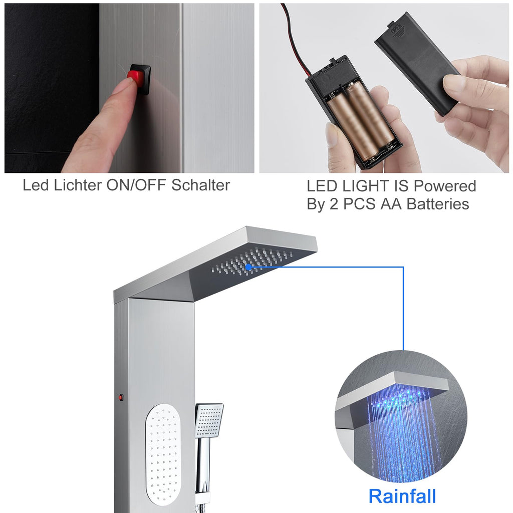 5-Function LED Shower Panel Tower System 4 Jets Stainless Steel