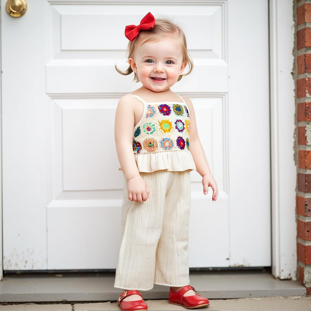 Toddler Baby Girl Summer Outfits Crochet Camisole Top and Linen Pants 2PC Kids Bohemian Beach Clothes for Girls