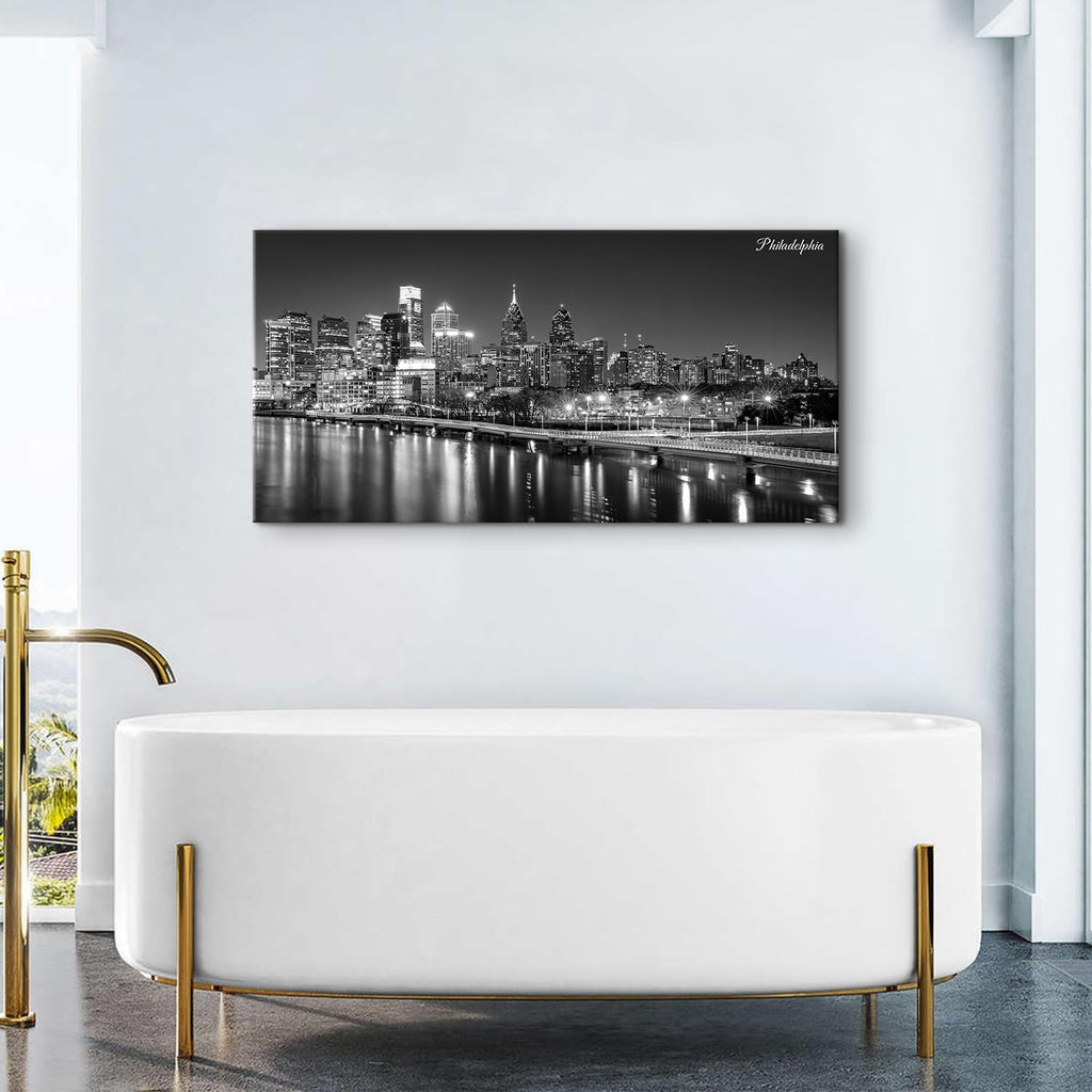 Philadelphia Skyline Canvas Wall Art Black and White Pennsylvania Cityscape Pictures Philly City Night View Prints