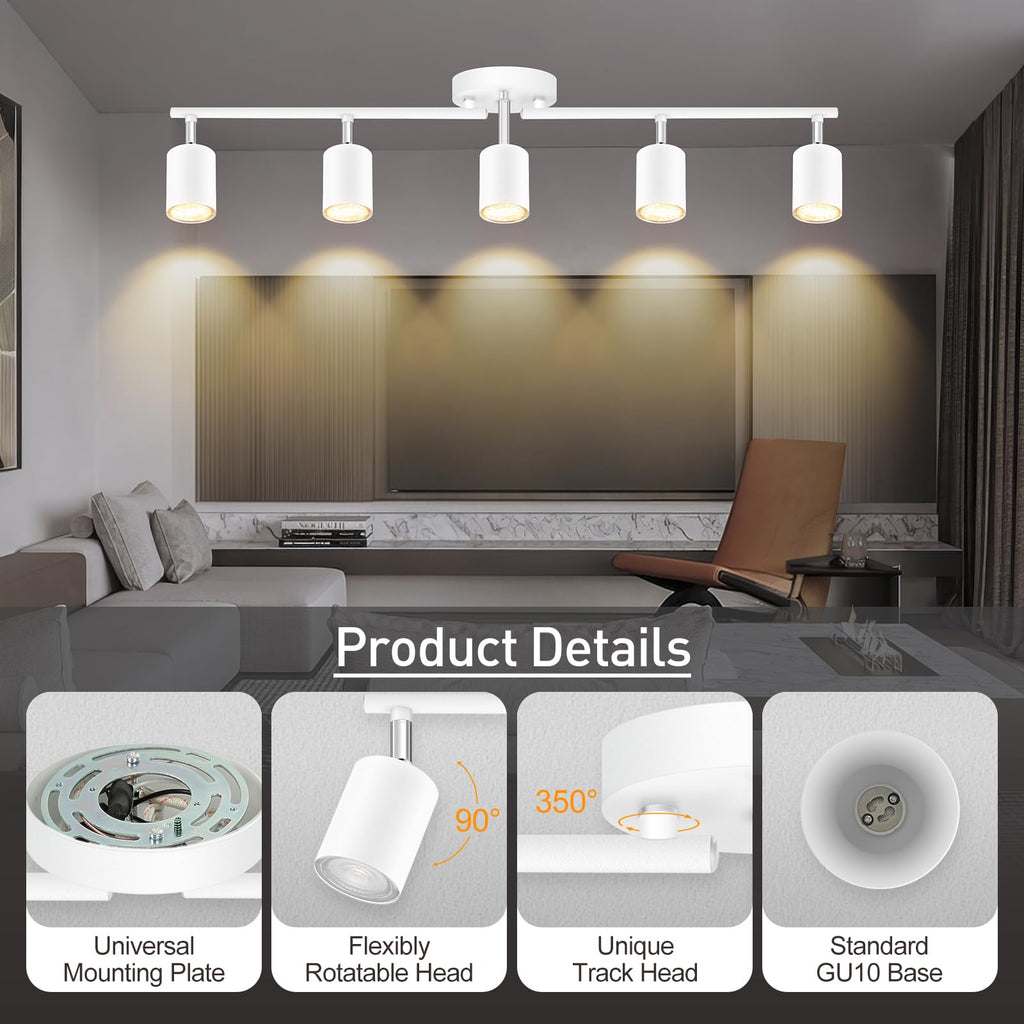 Track Lighting, LED Track Lighting Fixtures Ceiling, White Kitchen Lights, 30" Ceiling Spotlight Kit, 5 Light Wall