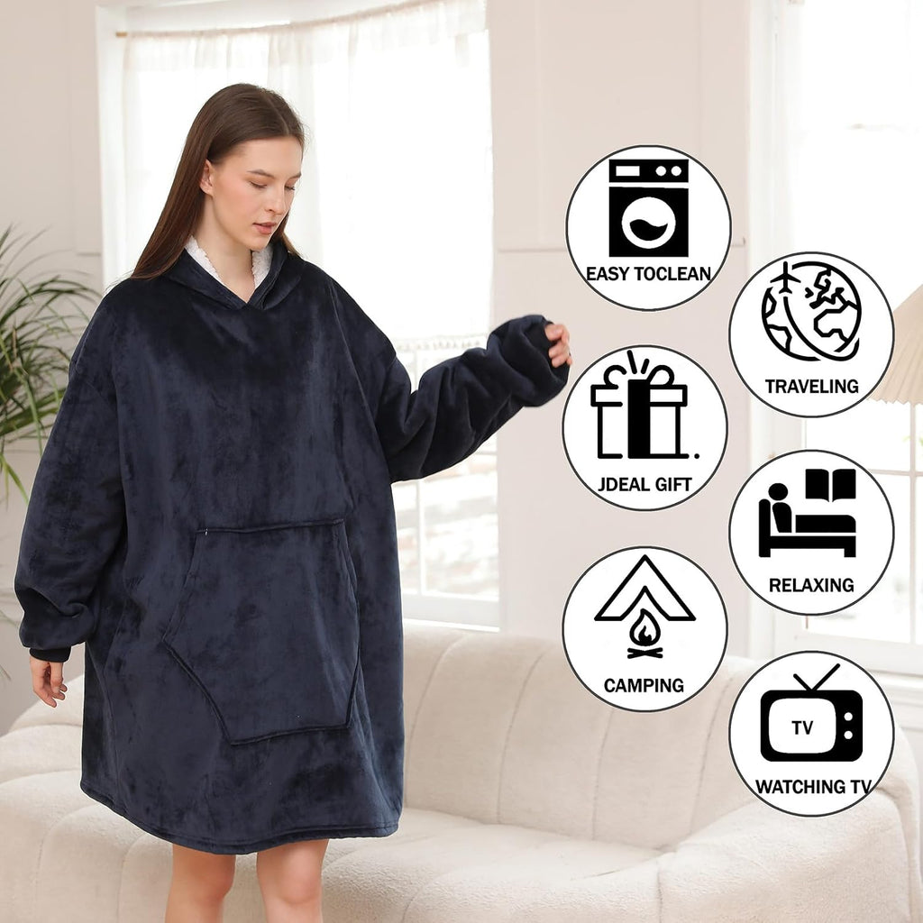 Wearable Blanket Hoodie, Oversized Sherpa Fleece Sweatshirt Blanket with Giant Hood Pocket and Sleeves for Adult