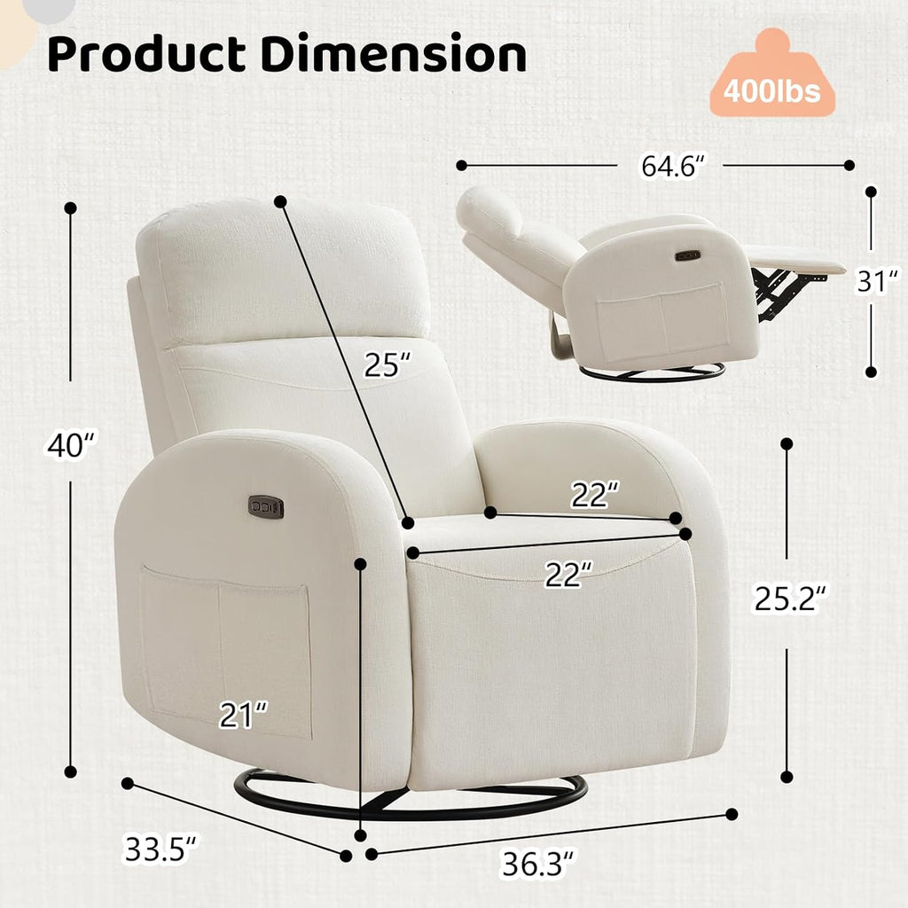 Power Nursery Glider Recliner, Chenille Electric Rocker Recliner with Type-C & USB Port, Nursery Swivel Rocker