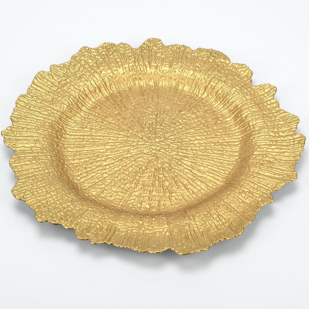 Inch Gold Charger Plates, Round Reef Pattern, Plastic, for Dinner Plates, Wedding Decor, Table Setting - Set of 12