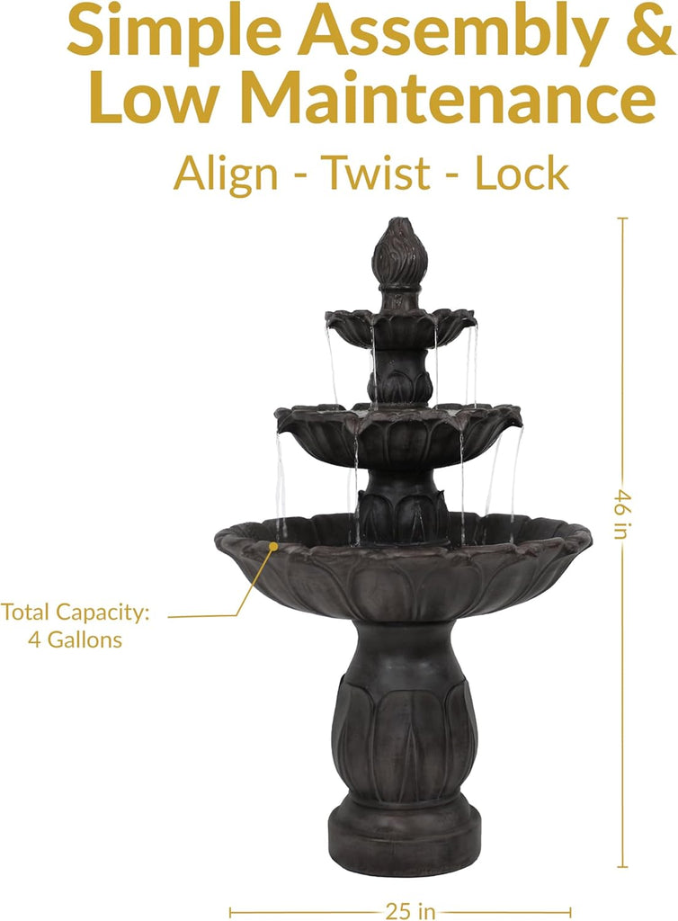 Classic Tulip 46" Tiered Outdoor Water Fountain - 3-Tiered Outdoor Fountain - Dark Brown
