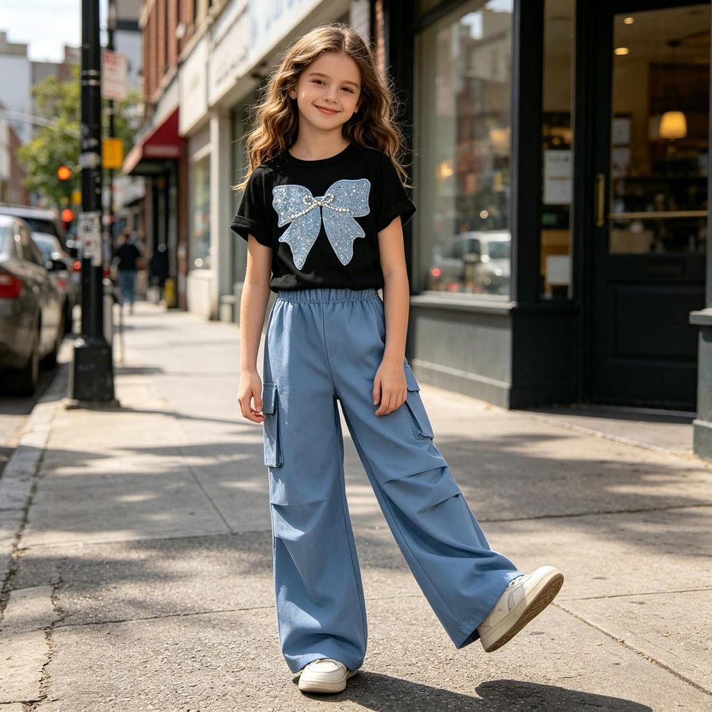 Clothes 2 Piece Cute Butterfly Print T-Shirt Tops & Cargo Pants Spring Summer Outfits Teen Tween Girls