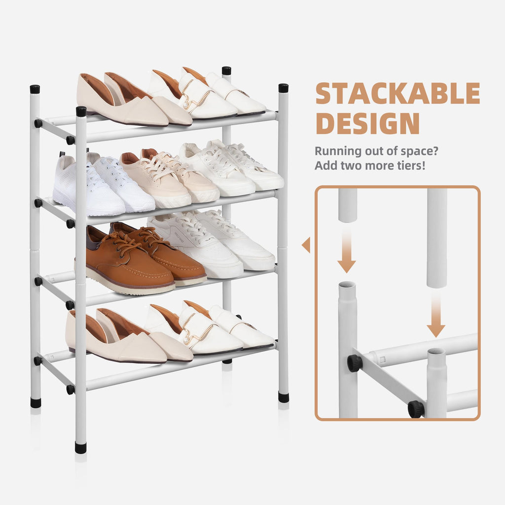 Expandable Shoe Rack for Closet, 16 Pairs White 4 Tier