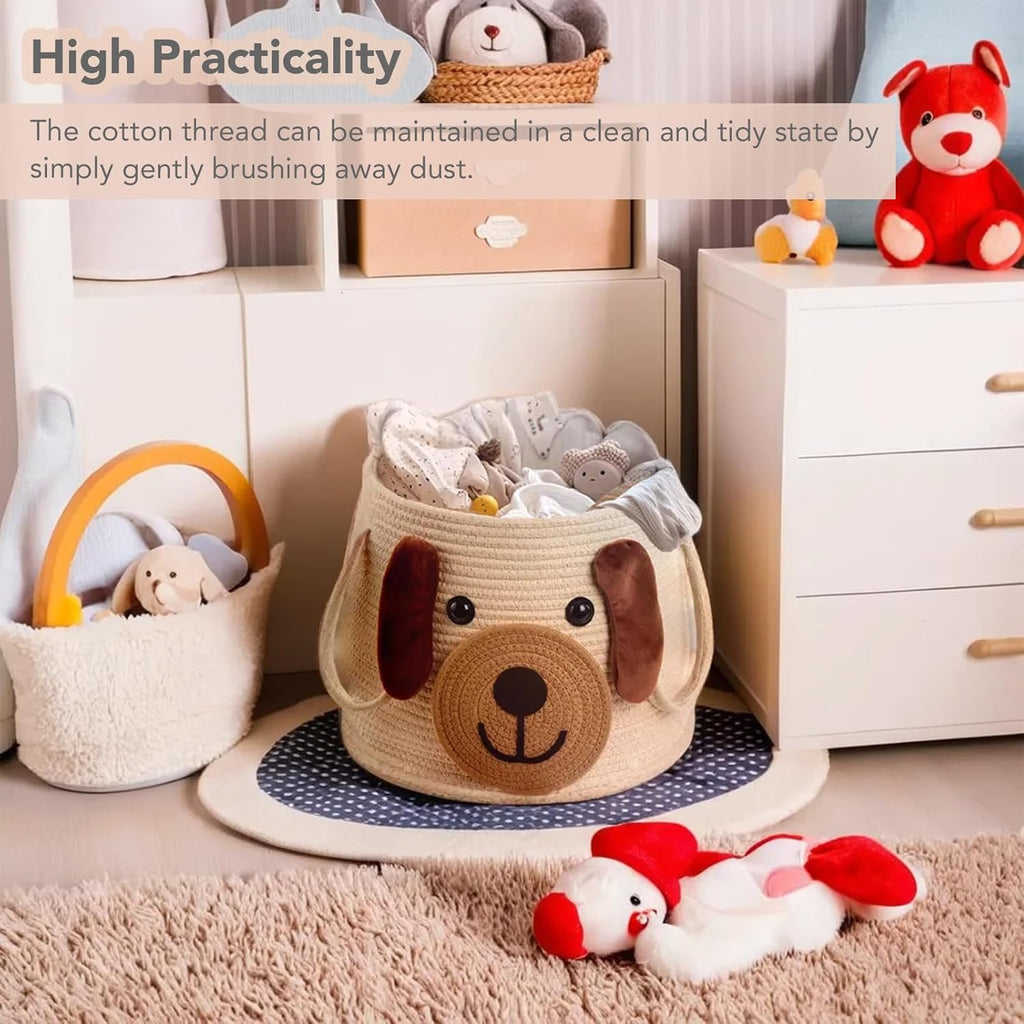 Large Dog Woven Basket with Handles - Toy Storage Bin, Baby Gift & Animal Nursery & Cute Laundry Basket, for Clothes