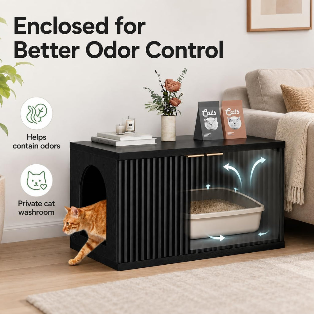 Cat Litter Box Enclosure, Modern Fluted Accent, Black