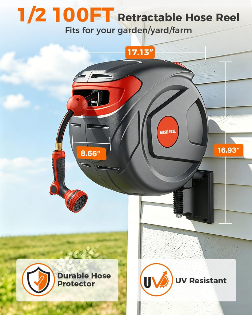 1/2 Inch 100FT Retractable Garden Hose Reel Wall-Mounted 180° Swivel 9-Patern Nozzle Automatic Slow Return Any Length