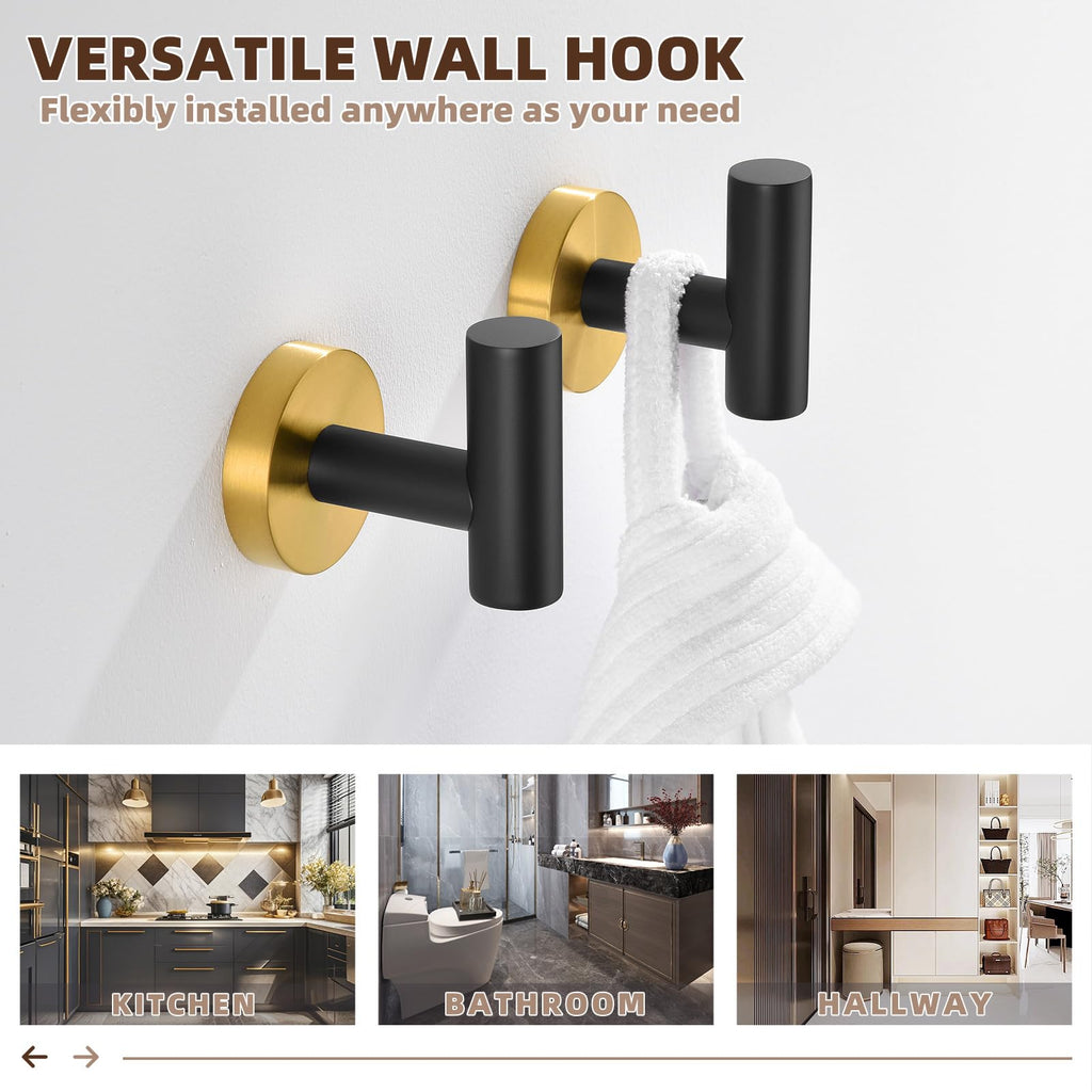 Black Gold Robe Towel Hooks, 2 Pack, Rustproof 304 Stainless Steel