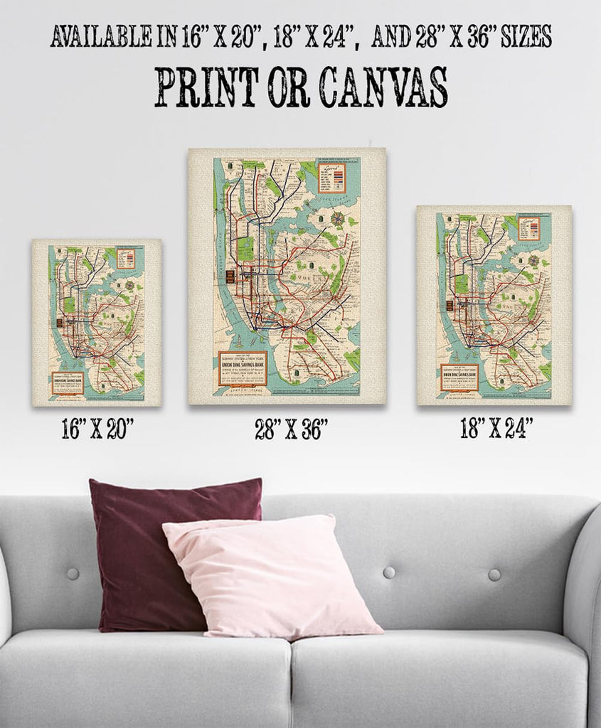 Vintage 1948 New York Subway Map 18x24 Stretched Canvas Poster - Classic NYC Transit Map Reproduction, Retro 1940s