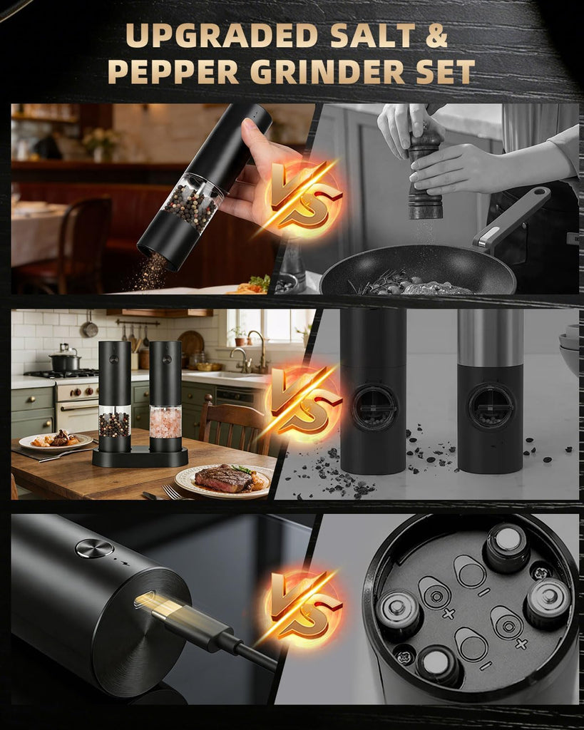 Electric Salt and Pepper Grinder Set Rechargeable, Automatic Salt and Pepper Shakers Mill Refillable, One Hand