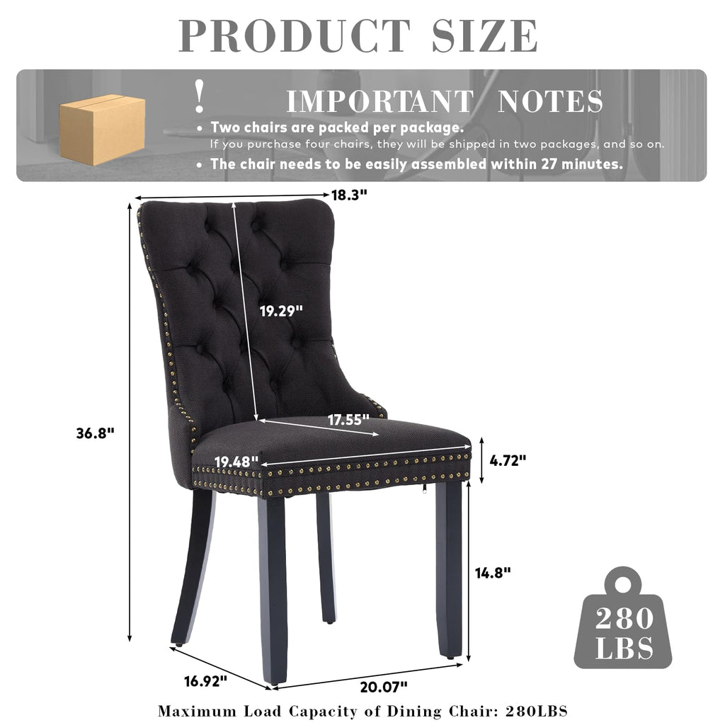 Linen Fabric Dining Chair Set of 2, Upholstered Tufted Dining Room Chair with Nailhead Trim and Solid Light Color