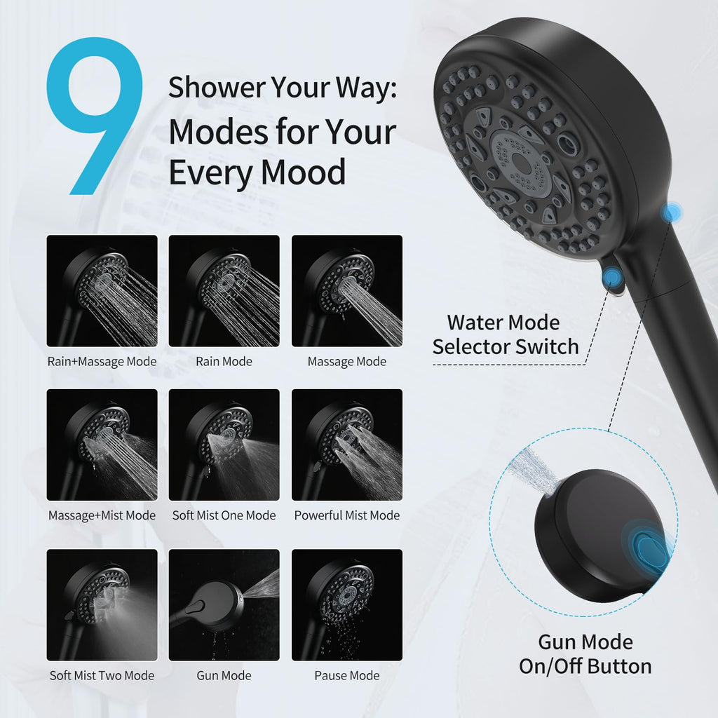 Filtered Shower Head with Handheld, 9 Spray Mode High Pressure Shower Head with 4 Filters, Hard Water Filter