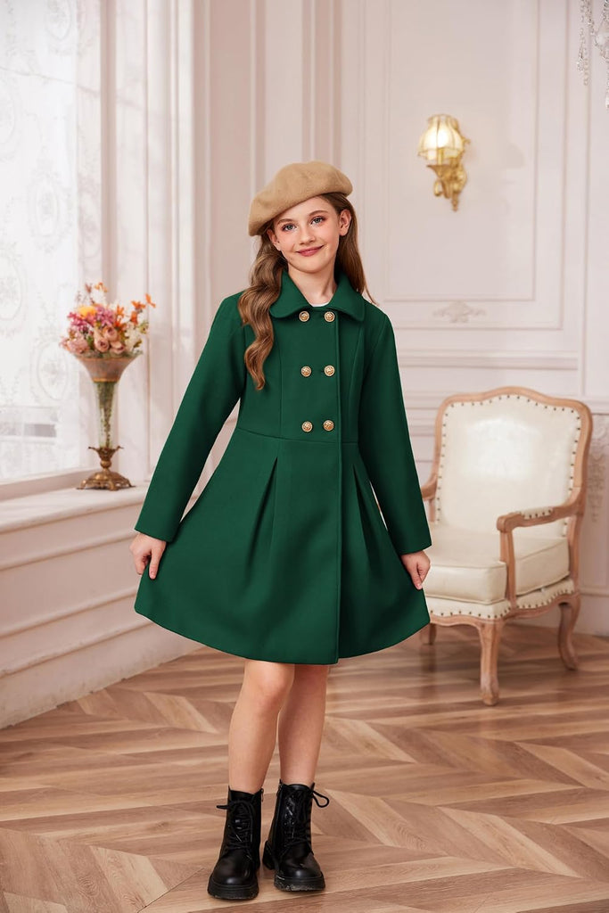 Girls Dress Coat Wool Peacoat with Lapel Pockets Winter Warm Long Jacket for Kids