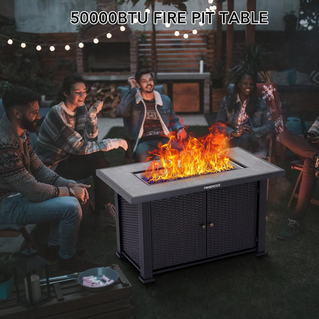 44 in Propane Fire Pit Table (Double Door), 50000BTU Rectangle Fire Table with Cover & Rain Cover, Sturdy Steel and
