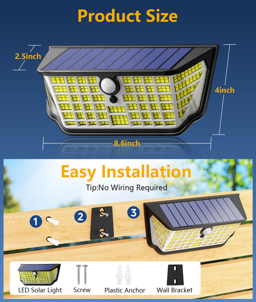 Solar Lights Outdoor Waterproof 4 Pack, 300° Angle & 3 Lighting Modes Motion Sensor Outdoor Lights, LED Solar