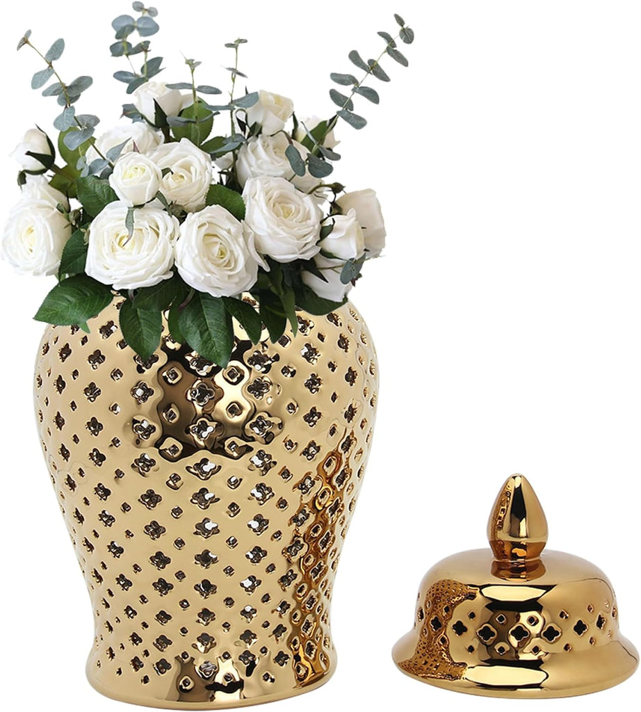 Gold Ceramic Ginger Jar with Lid Lattice 5.9x11inch Hollow Decorative Minimalist Ginger Jars Decor Vase Living Room