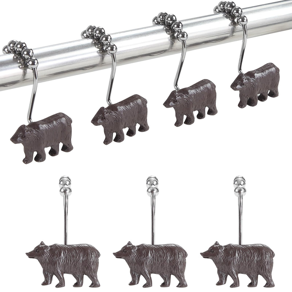 Rustic Cabin Farmhouse Brown Bear Shower Curtain Hooks Rustproof, Set of 12