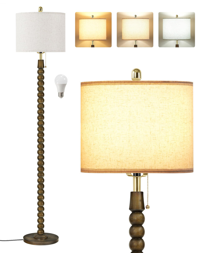 65" Solid Wood Beaded Floor Lamp with Pull Chain Switch, 3CCT, Walnut Green