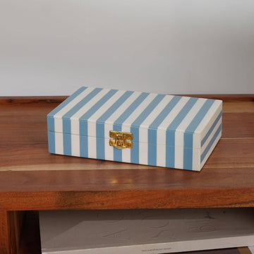 Decorative Storage Box with Lid, 8 x 5 x 2 Inch, Blue & White Striped Wooden Keepsake Box for Jewelry, Accessories