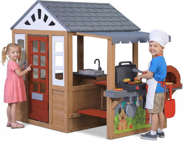 Kids Outdoor Wooden Playhouse, Cedar Wooden Play House for Ages 3-8 Kids with BBQ Grill, Kitchen Set, Picnic Table