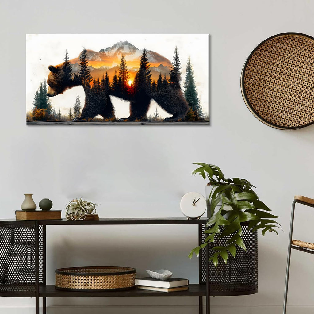 Brown Bear Forest Wall Art Office Retro Sunset Snow Mountain Rustic Wildlife Painting Prints Vintage Modern Art Deco