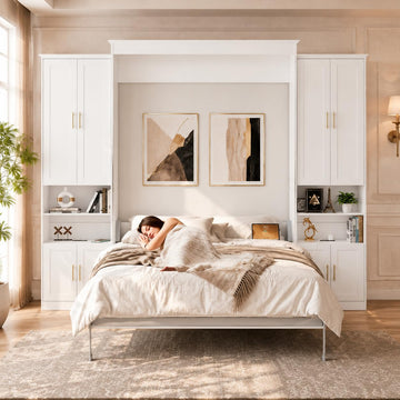 Murphy Bed Full with 2 Side Cabinets, USB Port, Shelves, White