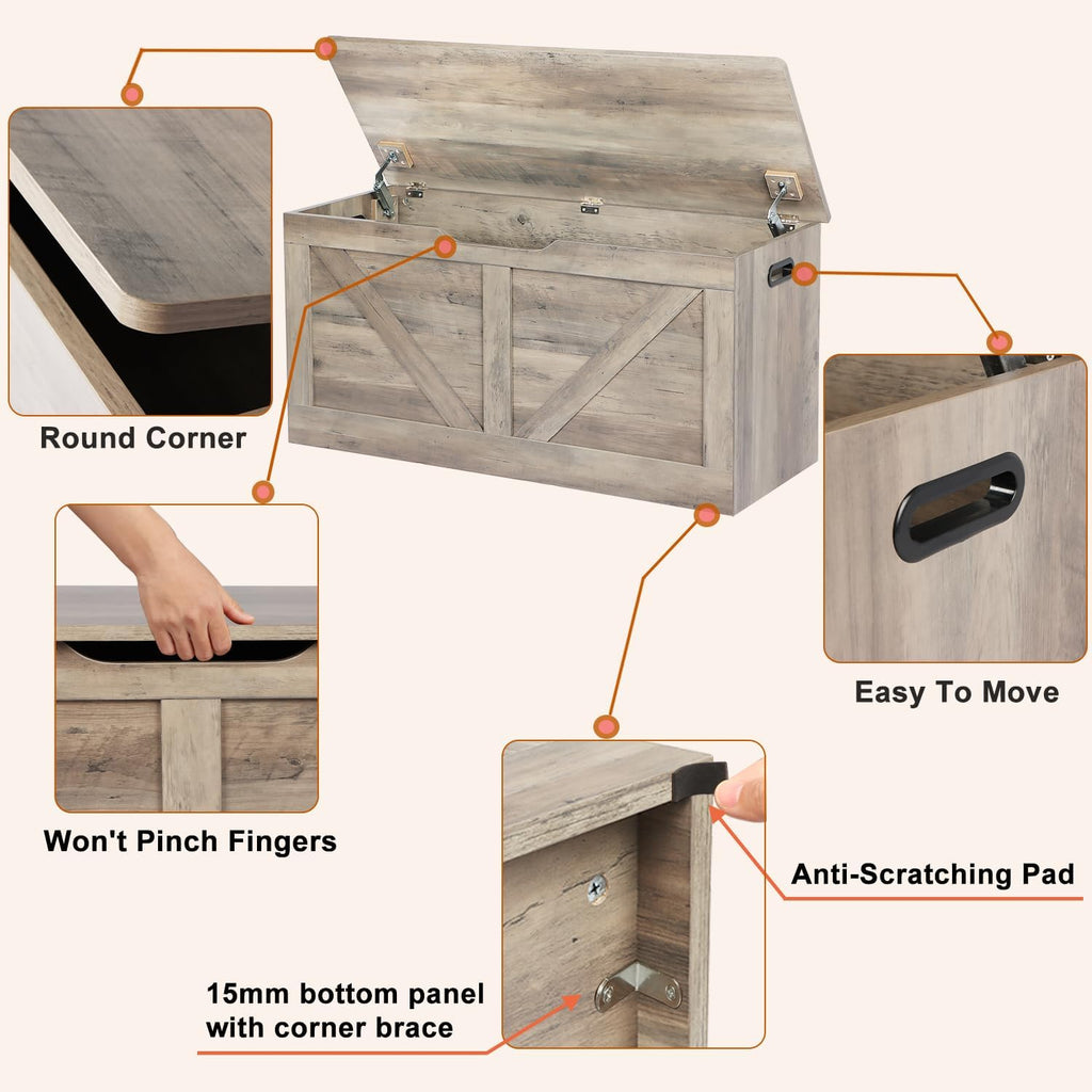 39.4" Storage Chest, Wooden Storage Bench, Large Storage Trunk | Entryway Shoes Bench with 2 Safety Hinges, Grey