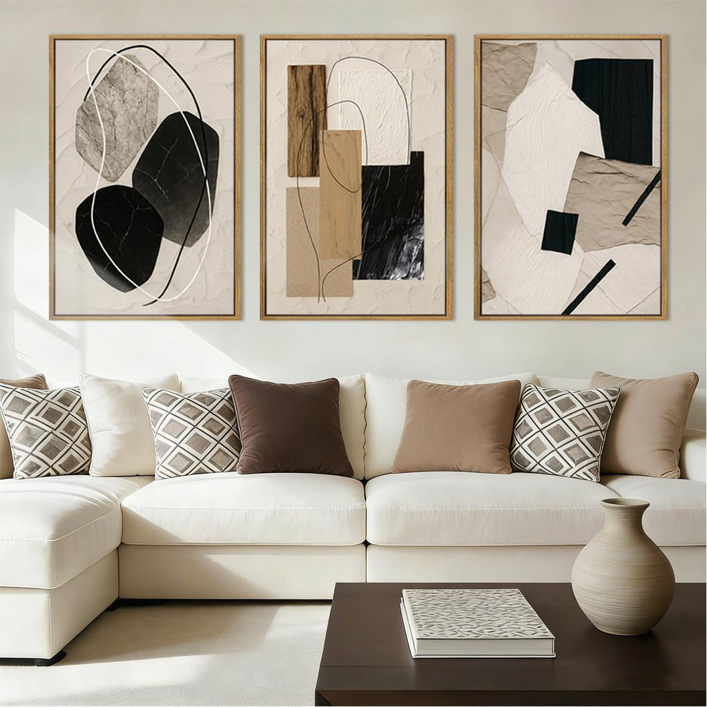 Large Abstract Paintings Framed Neutral Canvas Prints Mid Century Modern Wall Art Bedroom Bathroom 36x24 Inch 3 Piece