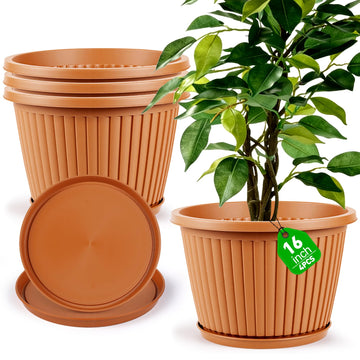 Large-Planter-Indoor-Outdoor Plant Pots, 16 inch 4 Pack Plastic Flower Pots with Saucer And Drainage Holes, Modern