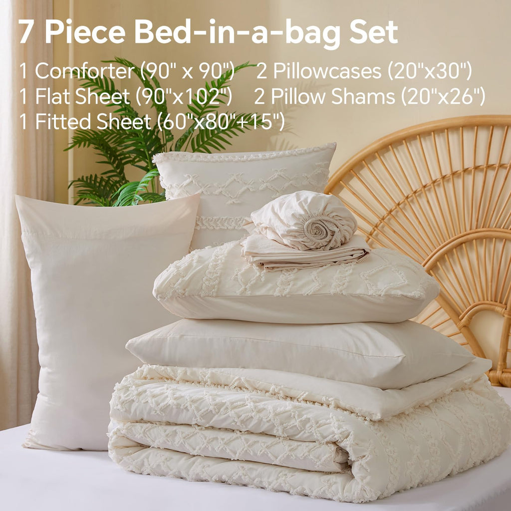 Queen Comforter Set 7 Pieces, Boho Bed in a Bag, Cream White